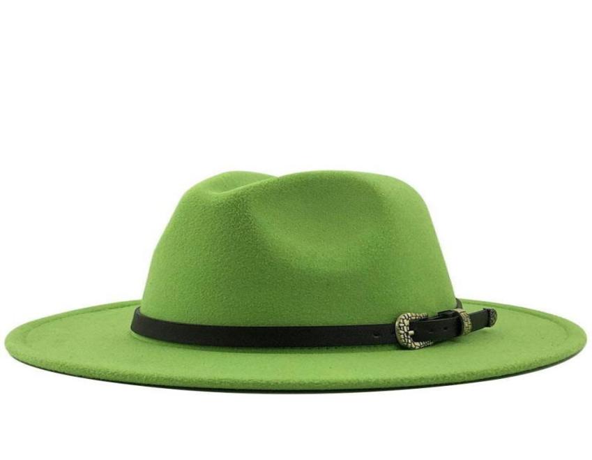 

Men Women Wide Brim Wool Felt Fedora Panama Hat with Belt Buckle Jazz Trilby Cap Party Formal Top Hat In Pinkgreen 5660CM8658488, Black