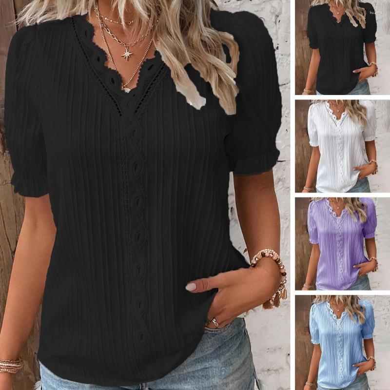 

Women' Blouses Women Shirt Lace Patchwork Ruffled Short Sleeves V-neck Striped Beachwear Pullover Solid Color Casual Summer Tops Daily Wear, Sky blue