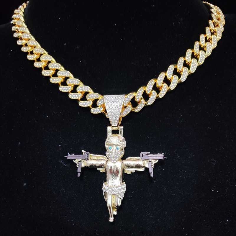 

Men Women Hip Hop Angel with Gun Shape Pendant Necklace 13mm Cuban Chain Hiphop Iced Out Bling Necklaces Fashion Jewelry Gifts