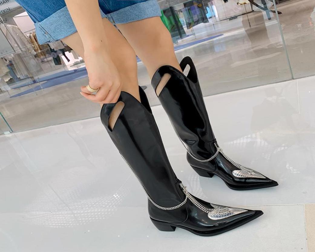 

Boots Metal Decoration Cambat For Women Knee High Genuine Leather Thick Heels Shoes Woman Party Casual Tight2792843, Black