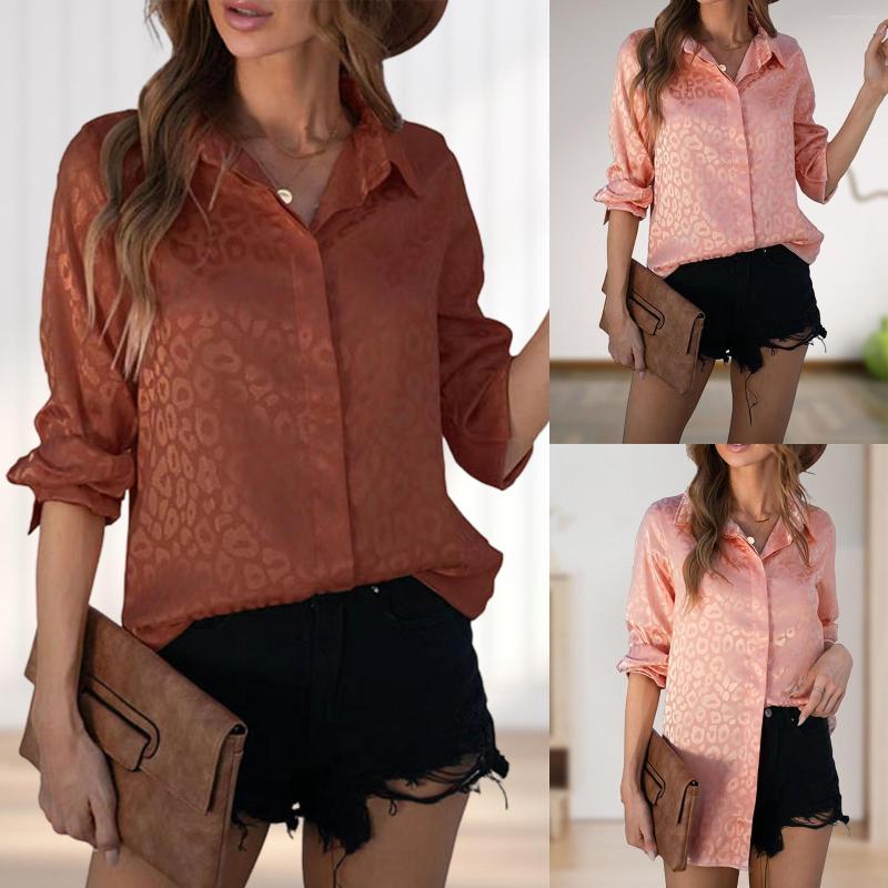 

Women' Blouses Turndown Collar Ladies Casual Shirts Button Down Leopard Print Long Sleeve Tops Cuffed Office Lady Outfit, Pink
