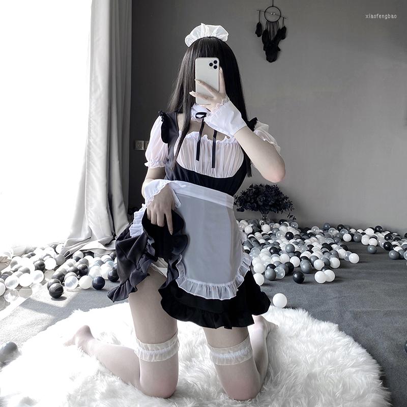 

Bras Sets Maid Cosplay Sexy Erotic Kawaii Lingerie Ruffle Transparent Costumes High Quality Temptation Dress Cute Bowknot For Women, Set with stockings