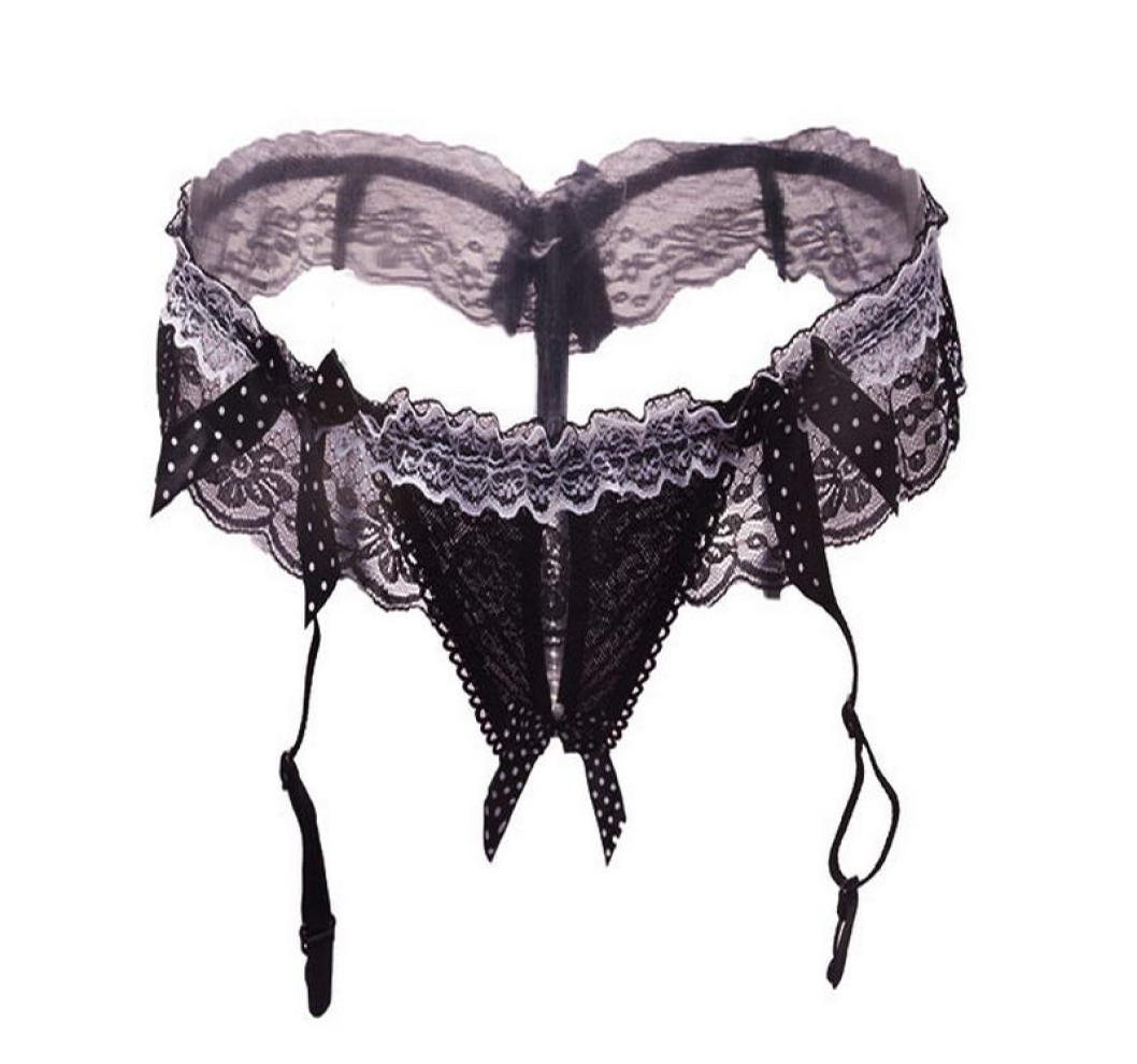 

WholeFashion New Sexy Garter Belt for Stocking Black Lace Suspender Belts Women Open Crotch Pearl Panties Bow Lingerie Garter7815999, White