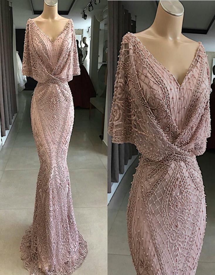 

2020 Pink Mermaid Evening Dresses V Neck Lace Beads Pearls Sweep Train Prom Dress Cocktail Party Wear Real Picture Formal Gowns1192466, Ivory