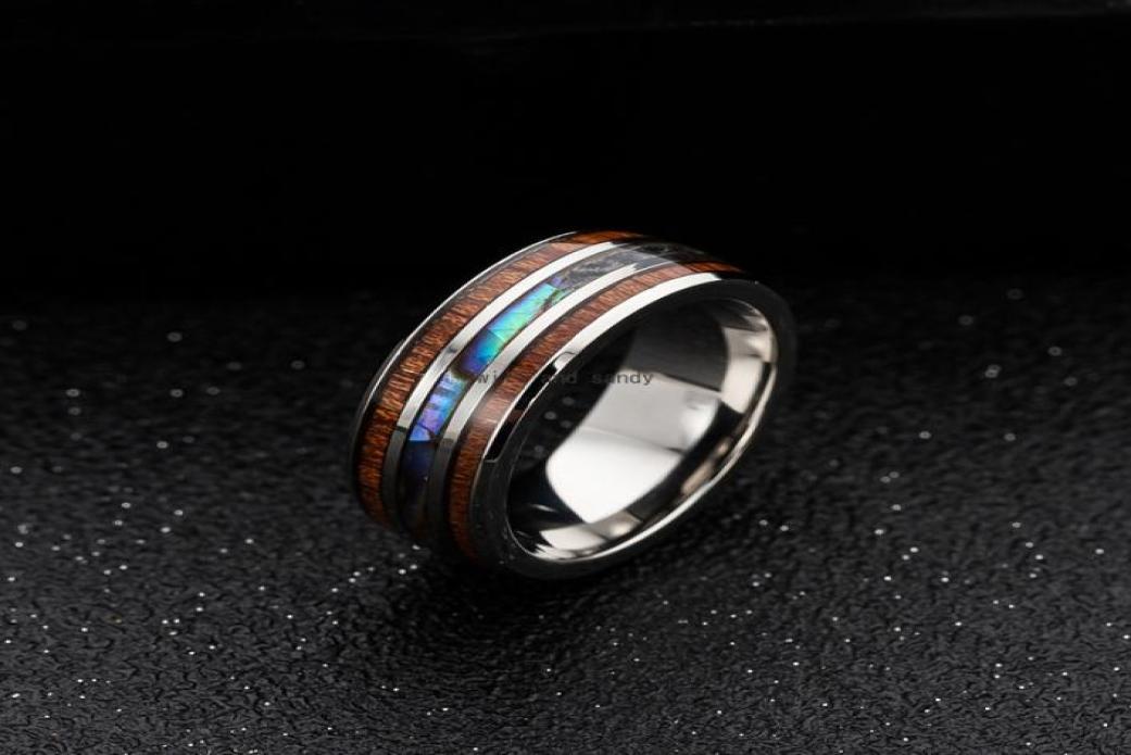 

8mm Mens Wedding Bands Inlay Hawaiian Koa Wood Rings and Abalone Shell Titanium Steel Ring finger for women men fashion jewelry wi8201152
