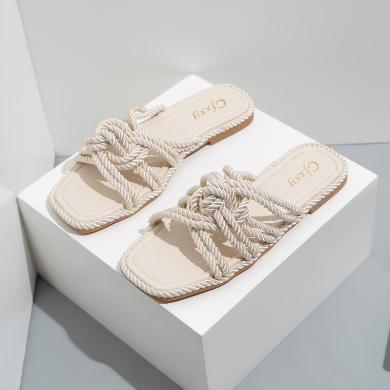 

Female Fashion Slippers Linen Rope Slides Large Size Sandals for Women Trend, Brown