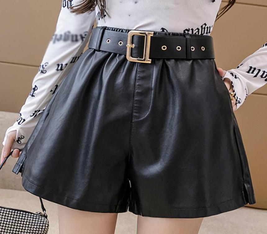 

Women039s Shorts With Belt PU Leather Women 2021 Fall Winter Elegant Wide Leg High Waist Feminino Fashion Faux Short Femme4653149, Black