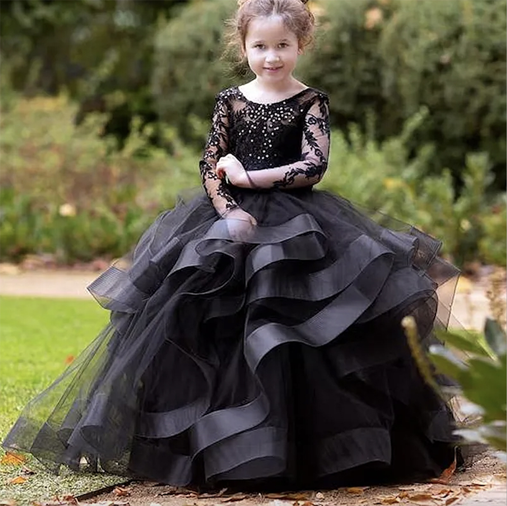 

Princess Flower Girls Dresses Ruffles Pluffy Organza Long Wedding Party Gowns Lace Appliques Sequins Beaded Ball Gown Kids Brithday Party Dress Custom Made Color, Lanvender