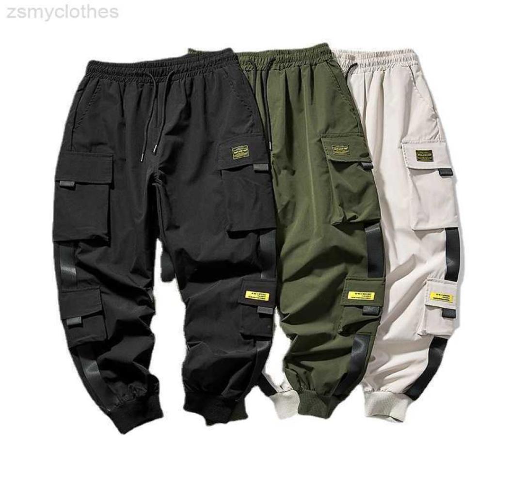 

New Joggers Cargo Pants for Men Casual Hip Hop Pocket Male Trousers Sweatpants Streetwear Ribbons Techwear Pants8353691, Gray