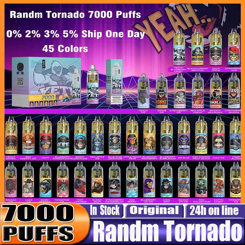 

Original RandM Tornado 7000 Puffs Disposable Vape Pen Electronic Cigarettes 14ml Pod Mesh Coil 6 Glowing Colors Rechargeable Air-adjustable 2% 3% 5%