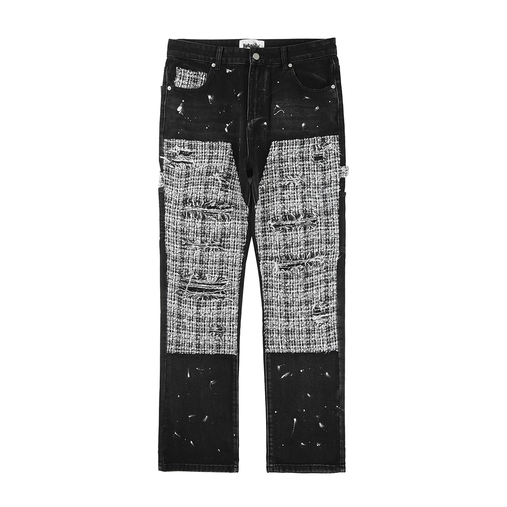 

High Street Patchwork Hole Distressed Painted Jeans Pants for Men Straight Baggy Casual Cargos Oversized Denim Trousers