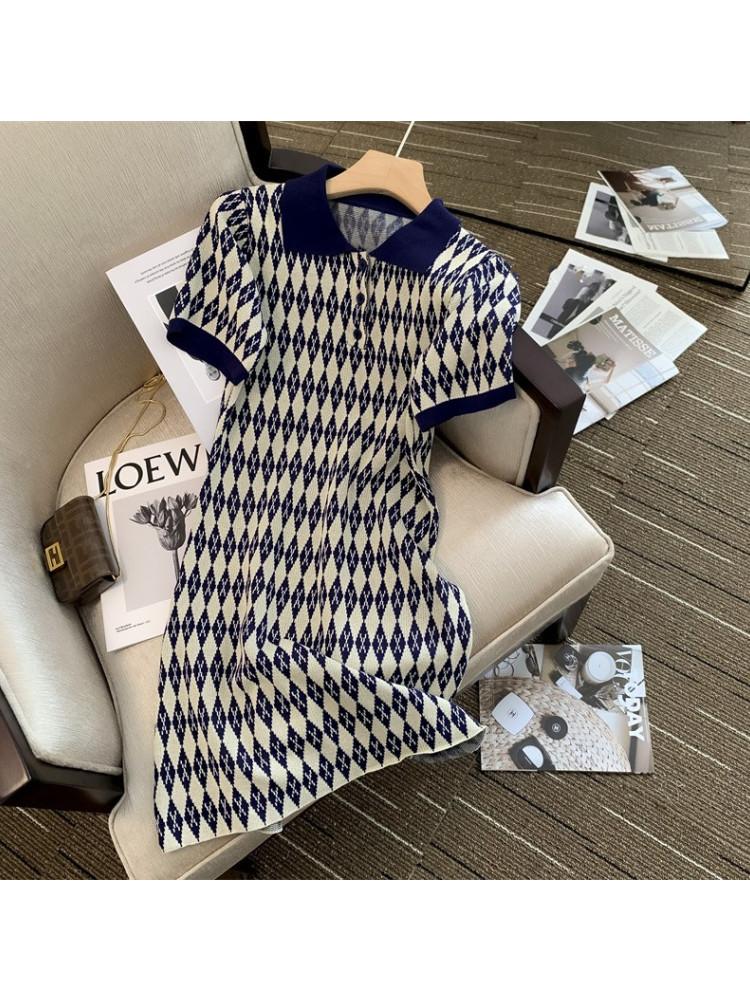 

Dresses Diamond Polo Collar Knitted Short Sleeve Dress Women's Summer New Retro Temperament Waist Slim Aline Tshirt Short Skirt Female, Photo color