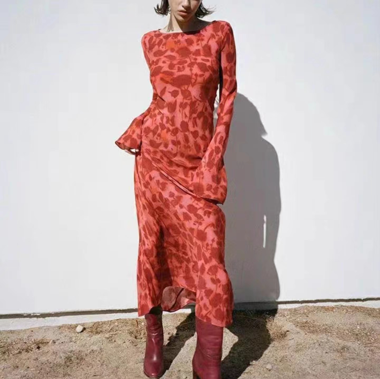 

2023 maxi dress for women mulberry silk dress with printed flared sleeves, medium length dress designer dress women, Customize