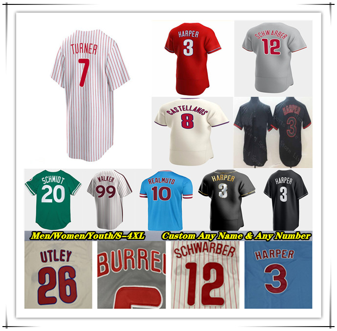 

Baseball Jersey Kyle Schwarber Bryce 3 Harper J.T. Realmuto Trea Turner Nick Castellanos Alec Bohm Aaron Nola Rhys Hoskins Jake Cave Kody Clemens Connor Brogdon Falter, Men retro black