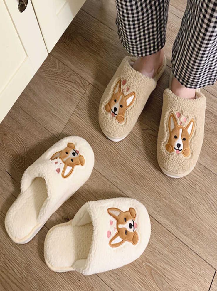 

Cute Cartoon Corgi Indoor Fur Slippers For Women Winter Keep Warm Plush Bedroom Beige Velvet Girls Fuzzy Slippers H08279697906