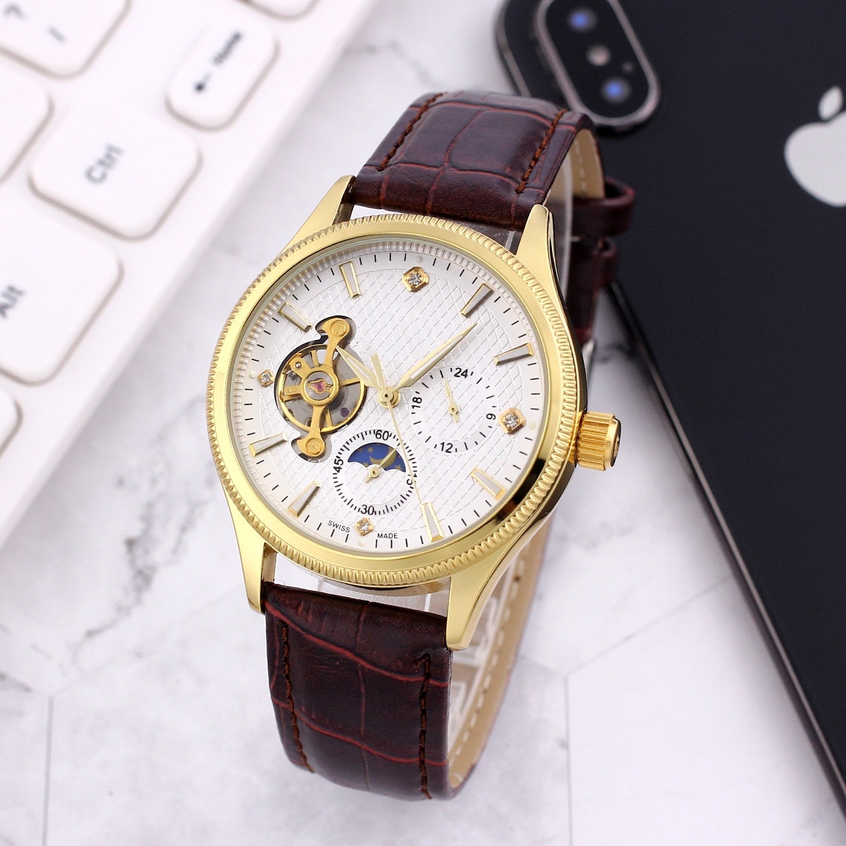 

Luxury leather band tourbillon automatic mechanical wristwatches men watch drop shipping day date mens watches gifts for father