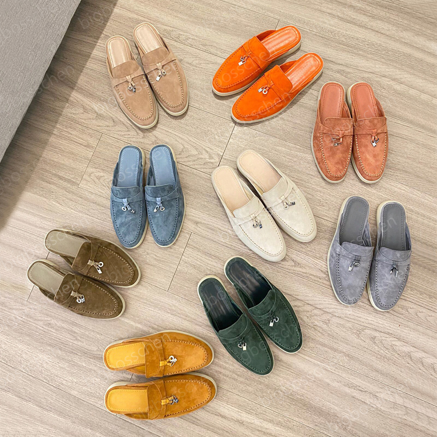 

designer men's suede slippers Sandals macaroon luxury mules shoes leather casual slip-on flat shoes ladies summer classic fashion outdoor loafers 35-46 with box, Black