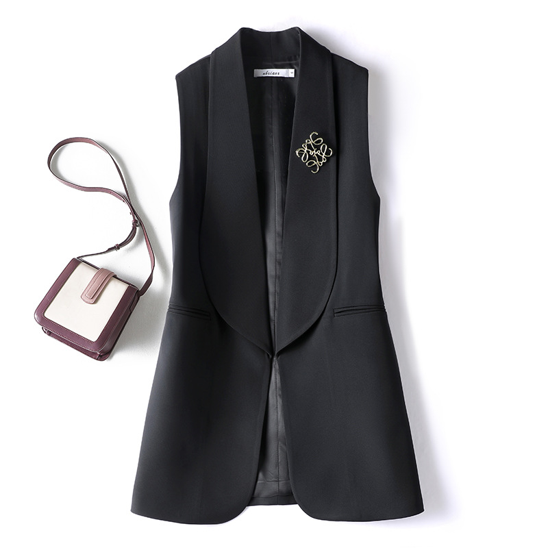 C5605 Spring Autumn Women's Casual Blazer Vest Coat Lapel Collar Sleeveless Outerwear Loose OL Blazer Coats Waistcoat Jacket with Brooch Gift