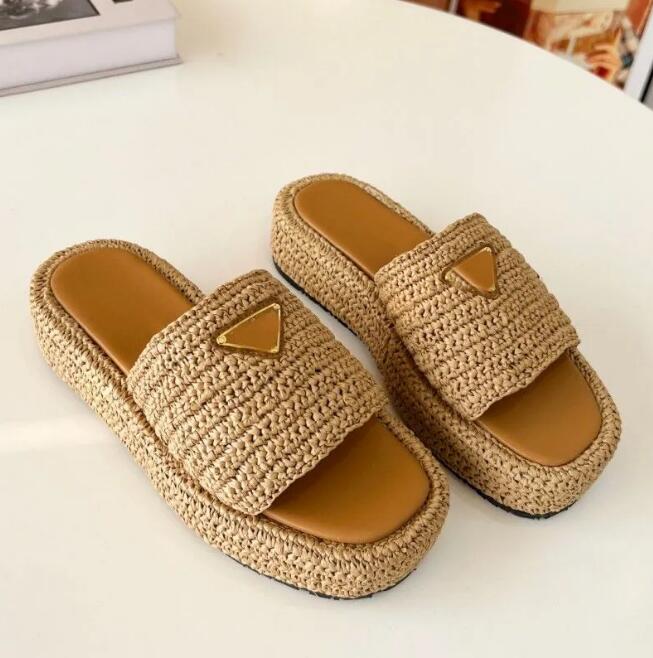 

Designer Slippers luxury Women Ladies Platform Slipper Raffia Straw Sandal Mules Thick Bottom Heels Slides Beige Black White Classic Slip On Espadrilles Shoes