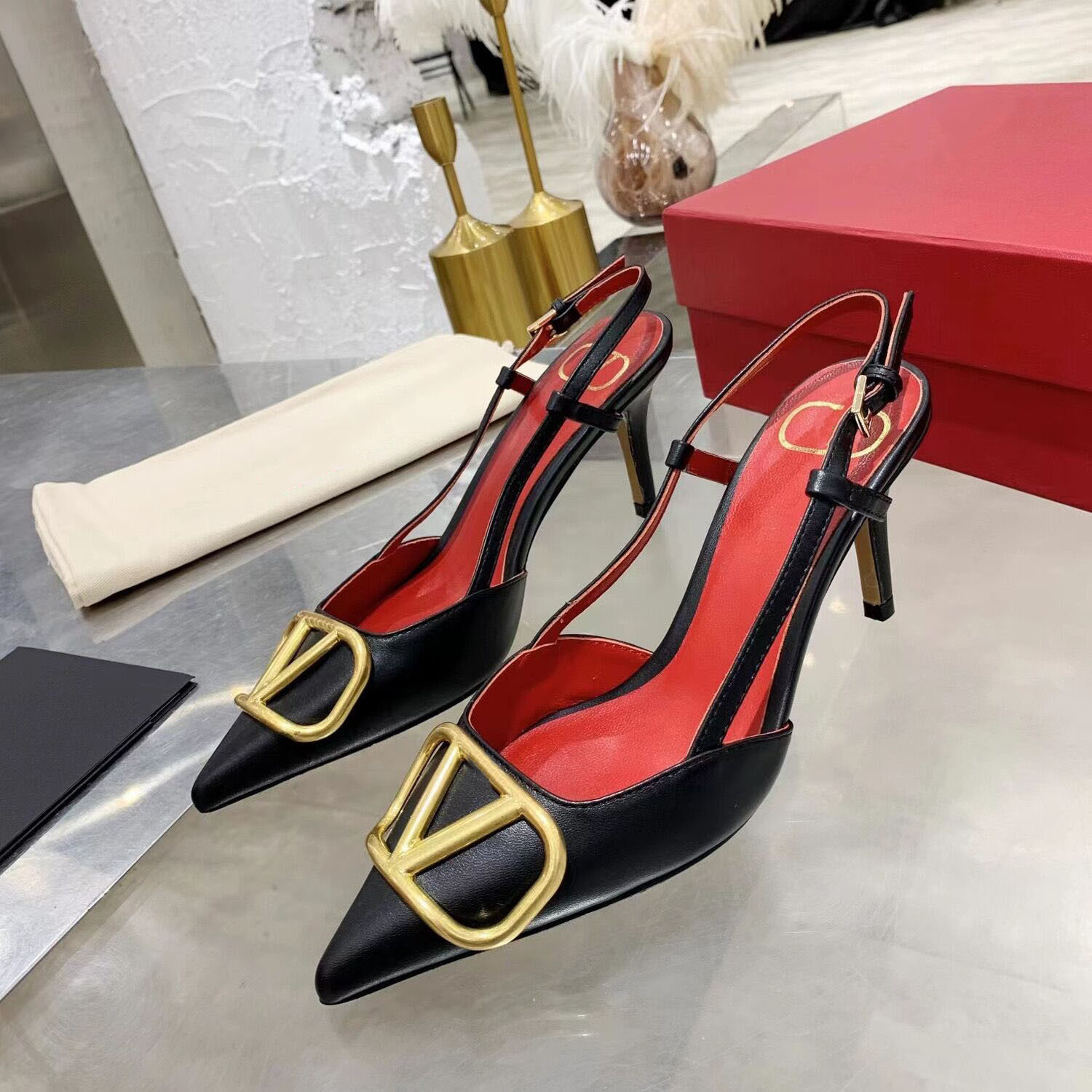 

Luxury Women Pointed Sandal Brand High Heels Wedding Shoes Metal V-buckle Thin Heel 6cm 8cm 10cm Nude Black Real Leather Woman Pumps with Dust Size Bag 34-44, Grey