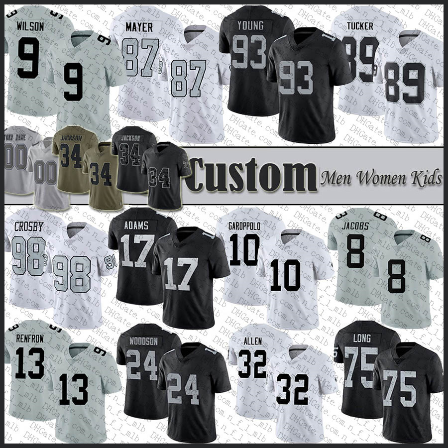 

Custom 8 Josh Jacobs Maxx Crosby Football Jersey Davante Adams Jimmy Garoppolo Hunter Renfrow Tyree Wilson Michael Mayer Byron Young Tre Tucker Bo Jackson Howie long, Shown