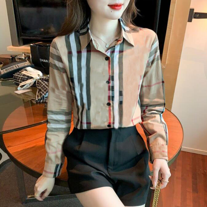 

Fashion Print Brown Shirt Women Long Sleeve Lapel Button Designer Blouses Burbrerys Office Ladies Shirts Runway Woman Clothes Blouse Elegant Tops, 01