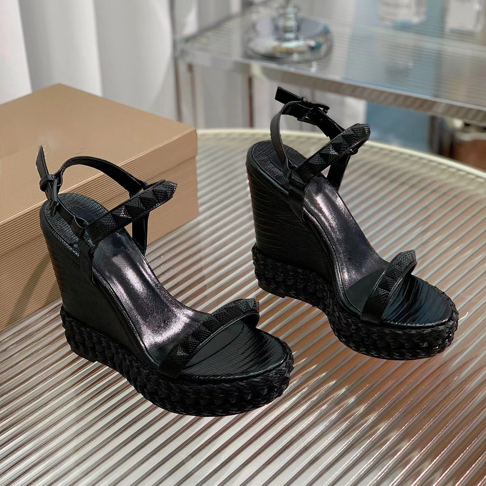 

Wedge platform Sandals Hardware buckle decoration pumps heels Ankle strap revealing toe dress shoes women's luxury designers evening shoes factory footwear, Black