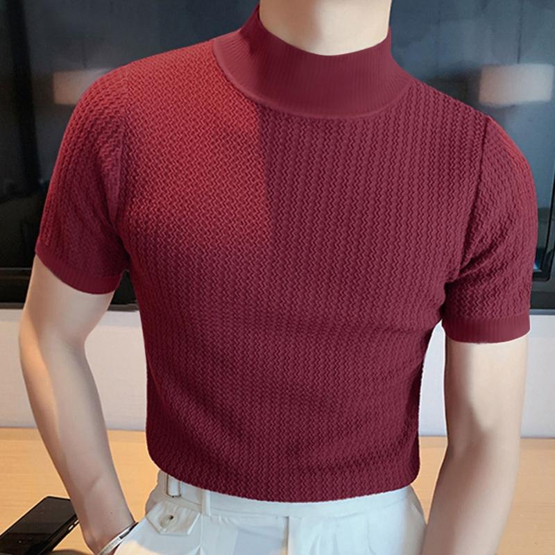 

Men's t Shirts 2023 Summer Tee Knitted Short Sleeve Half High Neck T-shirt Men's Slim Fit Pullover Round Solid Knitting Shirt Korean 1RWLG, Black