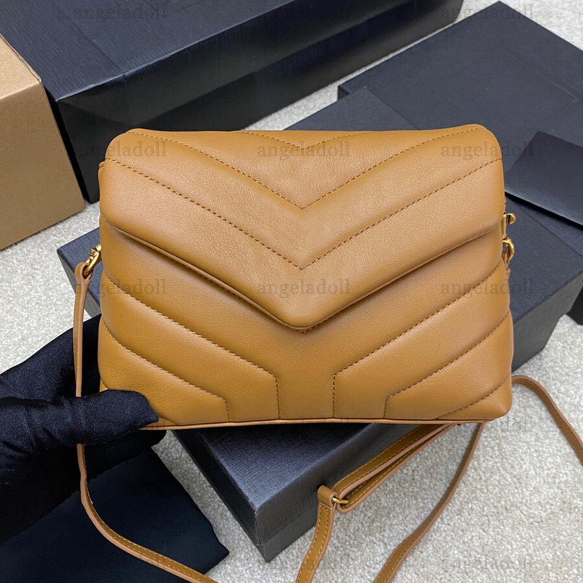 

10A Mirror Quality Designers Mini Loulou Toy Bag 20cm Chevron Quilted Purse Womens Real Leather Calfksin Handbag Luxury Crossbody Black Shoulder Box Strap Bags, Black&black