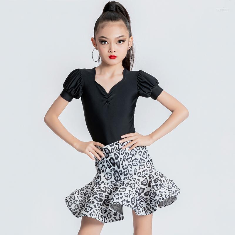 

Stage Wear Summer Latin Dance Costume Girls Black Top Leopard Skirts Kids Salsa Tango Chacha Ballroom Clothes SL8390, 2pcs