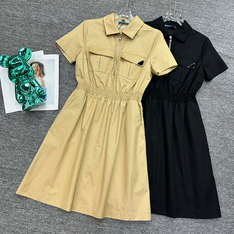 

Elastic Waist Dress Womens Shirt Dresses Zipper Designer Ladies Dress Latest Pocket Design Skirts Brand Dress, Khaki