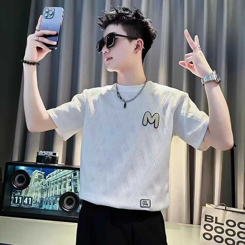 

Trendy Brand Short Sleeved Men's High-end Summer Thin Round Neck T-shirt with High-end Design, Half Sleeved Coffee Color Fashion T-shirt 12ICZ2, Black (w letter)