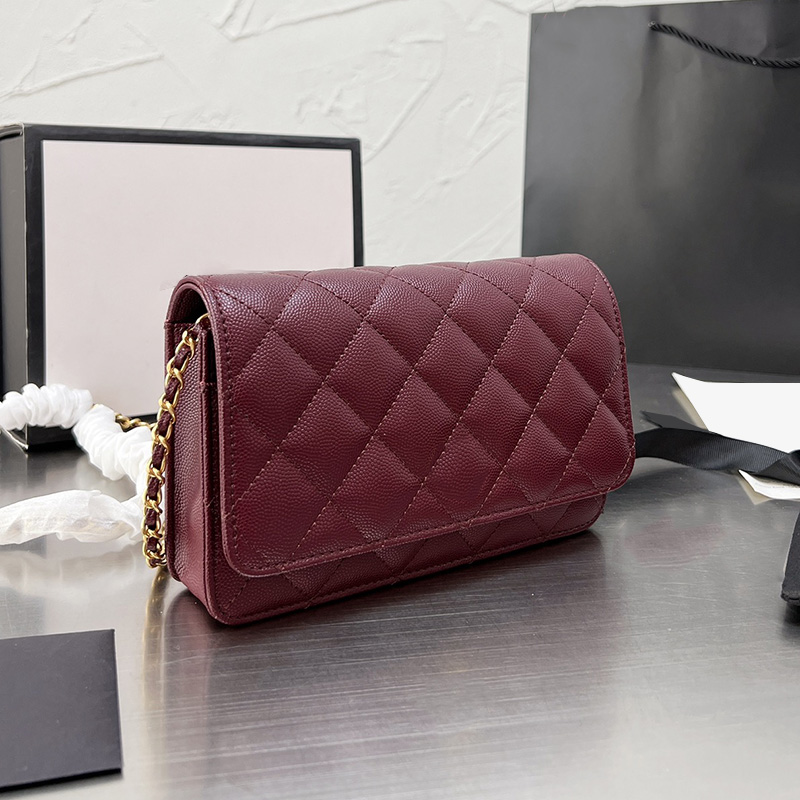 

French WOC Womens Caviar Leather Wallet On Chain Bags Calfskin Gold Metal Hardwre Matelasse Chain Crossbody Shoulder Multi Pochette Saoche Handbags 19X12CM, Box