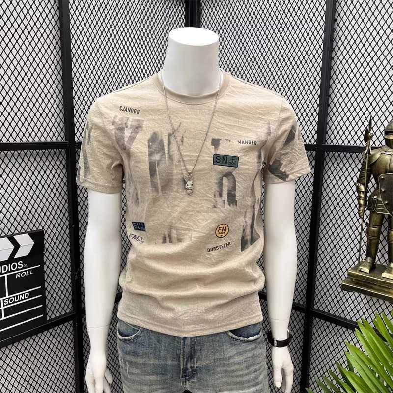 

Ice Silk T-shirt Men's Summer New Print Short Sleeve T-shirt Men's High end Fashion Brand Slim Fit Versatile Half Sleeve Top Clothing, White5