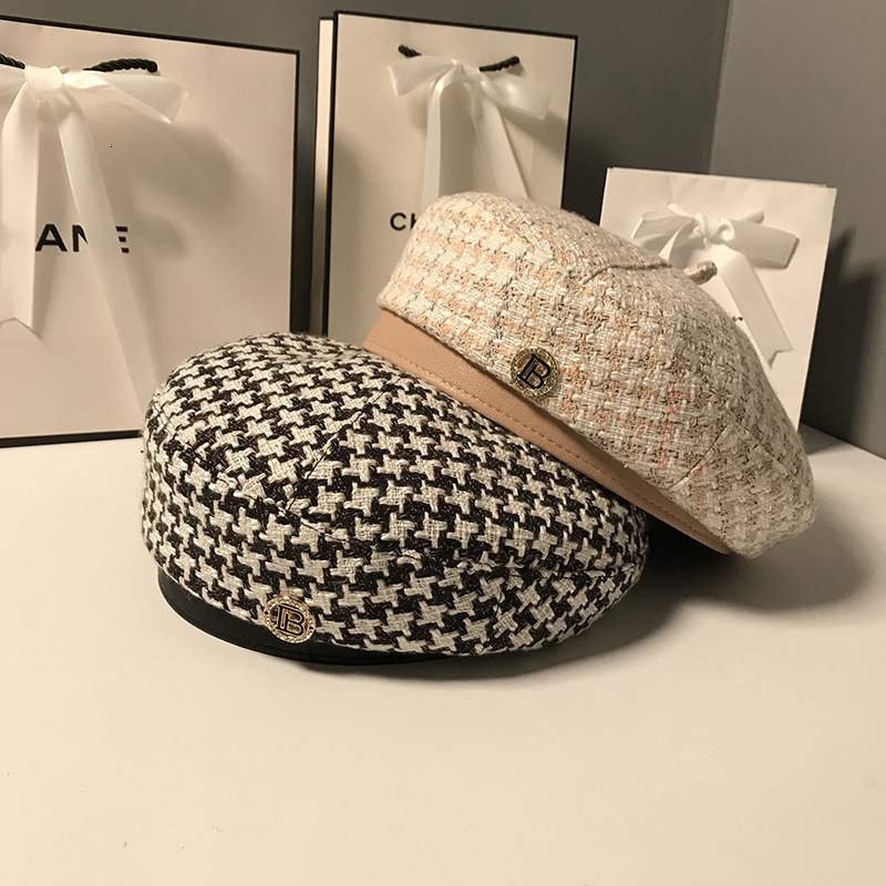 BeanieSkull Caps K244 Womens Hat Beret Fashion Allmatch Houndstooth Female British Retro Octagonal Painter Autumn Kepi 230529