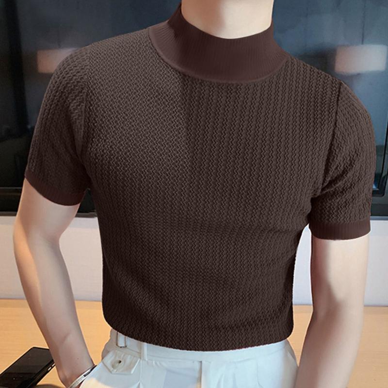 

Men's t Shirts 2023 Summer Tee Knitted Short Sleeve Half High Neck T-shirt Men's Slim Fit Pullover Round Solid Knitting Shirt Korean 2OV0B, Black