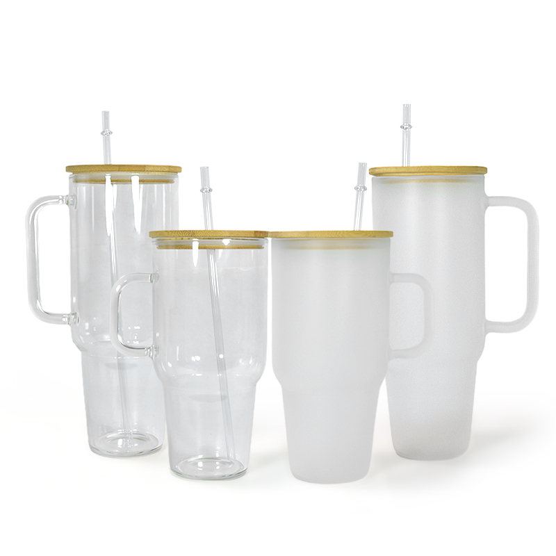 

32oz 40oz Sublimation glass tumbler with handle bamboo lid blank frosted clear glass mugs big capacity beer mug wine cola beverage cup