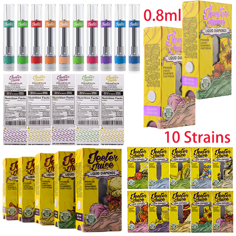 

0.8ml Juice Atomizers Vape Pen Cartridges Glass Tank Thick Oil Dab Pen Wax Vaporizers Carts E Cigarettes Carts With Yellow Box Package 10 Strains