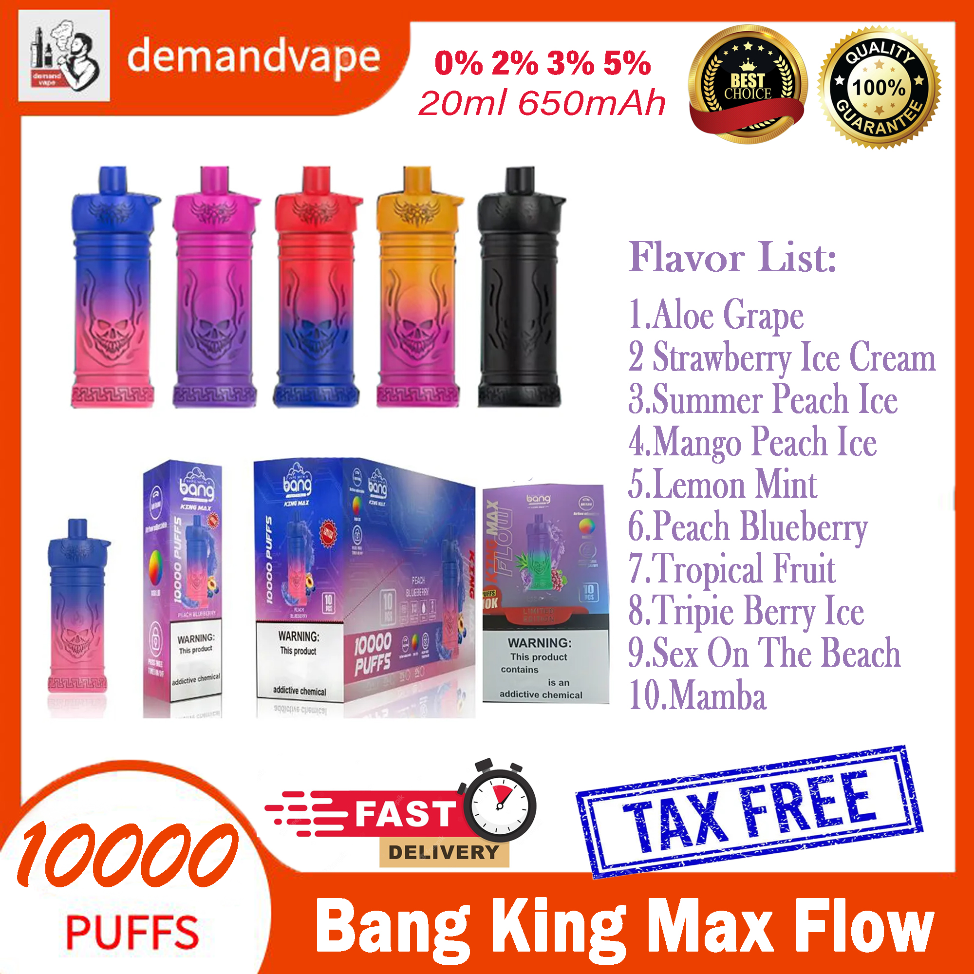 

Original Bang King Max Flow 10000 Puffs E Cigarette 650mah Rechargeable Battery 20ml Mesh Coil 0% 2% 3% 5% Strength Disposable Vape Pen Device In Stock