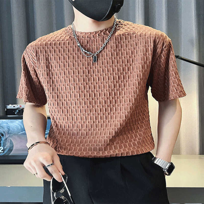 

Trendy brand short sleeved men's high-end summer thin round neck T-shirt with high-end design, half sleeved coffee color fashion T-shirt, White (big bear)
