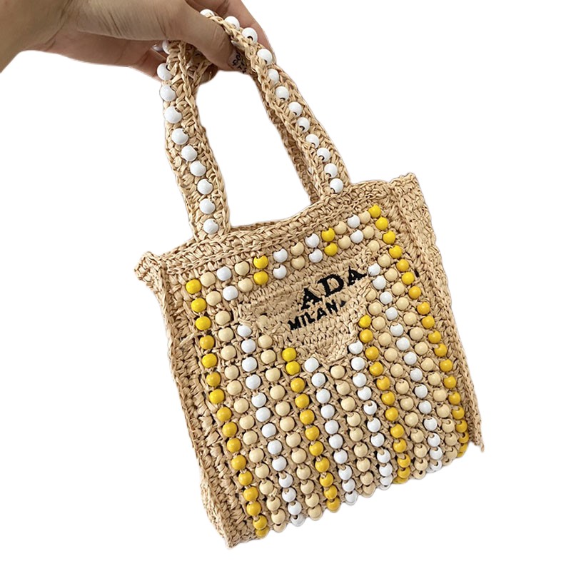 

Summer Boutique New Bead Designer Bag Causul Beach Straw Bags Woman Crochet Tote Shopping Purse Wallet Totes Shoulder Handbags Triangle Top Quality Size 20x22 cm, Black 20x22cm