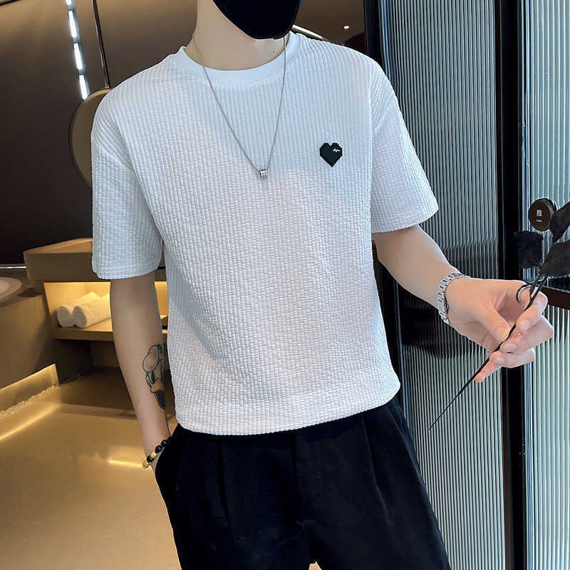 

Trendy Brand Short Sleeved Men's High-end Summer Thin Round Neck T-shirt with High-end Design, Half Sleeved Coffee Color Fashion T-shirt 4OJ63, White (big bear)