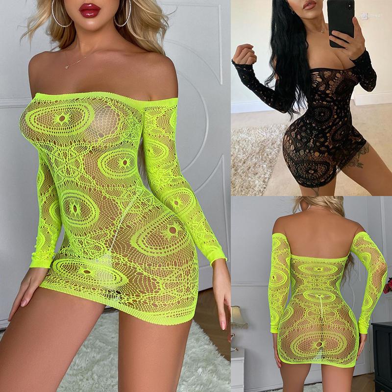 

Women's Sleepwear Sexy Women Short Dress Fishnet Babydoll Lingerie Wrap Mini Lace Floral See-through Hollow Out Nightwear, Black