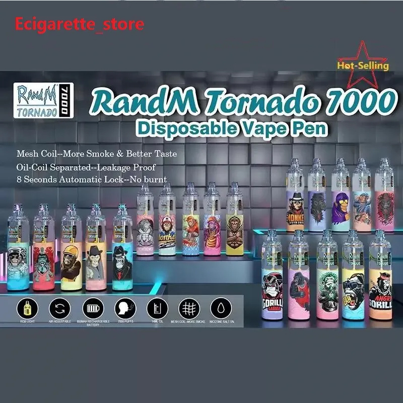 

Original RandM Tornado 7000 Puffs Disposable Vape Pen Electronic 14ml Pod with mesh Coil 6 Glowing colors Rechargeable Air Adjustable 2%5%