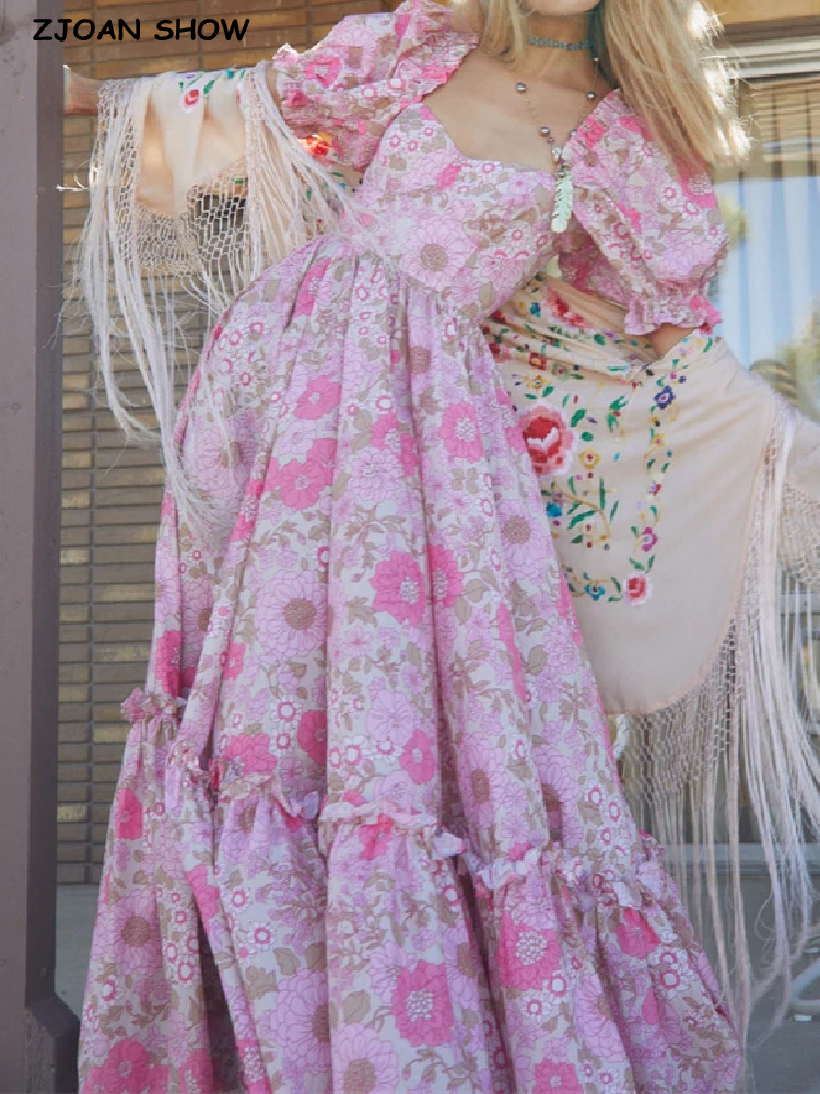 Princess Cross Pink Flower Print Maxi Long Swing Dress Women Corset Square Neck Puff Sleeve Ruched Ruffles Hem Fairy Robe-image-871010602