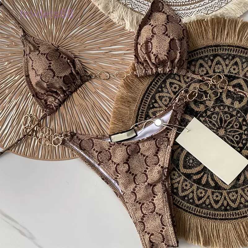 

Et Swimwear Women with Letter Chian Swimsuits Bikini Set Fashion Summer Vacation Beach Style Wind, Brown