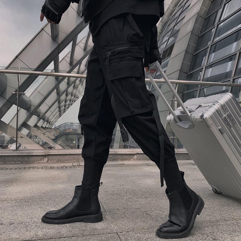 

Pants Japanese Fashion Black Pants Men Outdoor Comfortable Sports Trouser Motorcycle Harem Pants Ribbons Both Side Pockets Decoration, Gz0303-black
