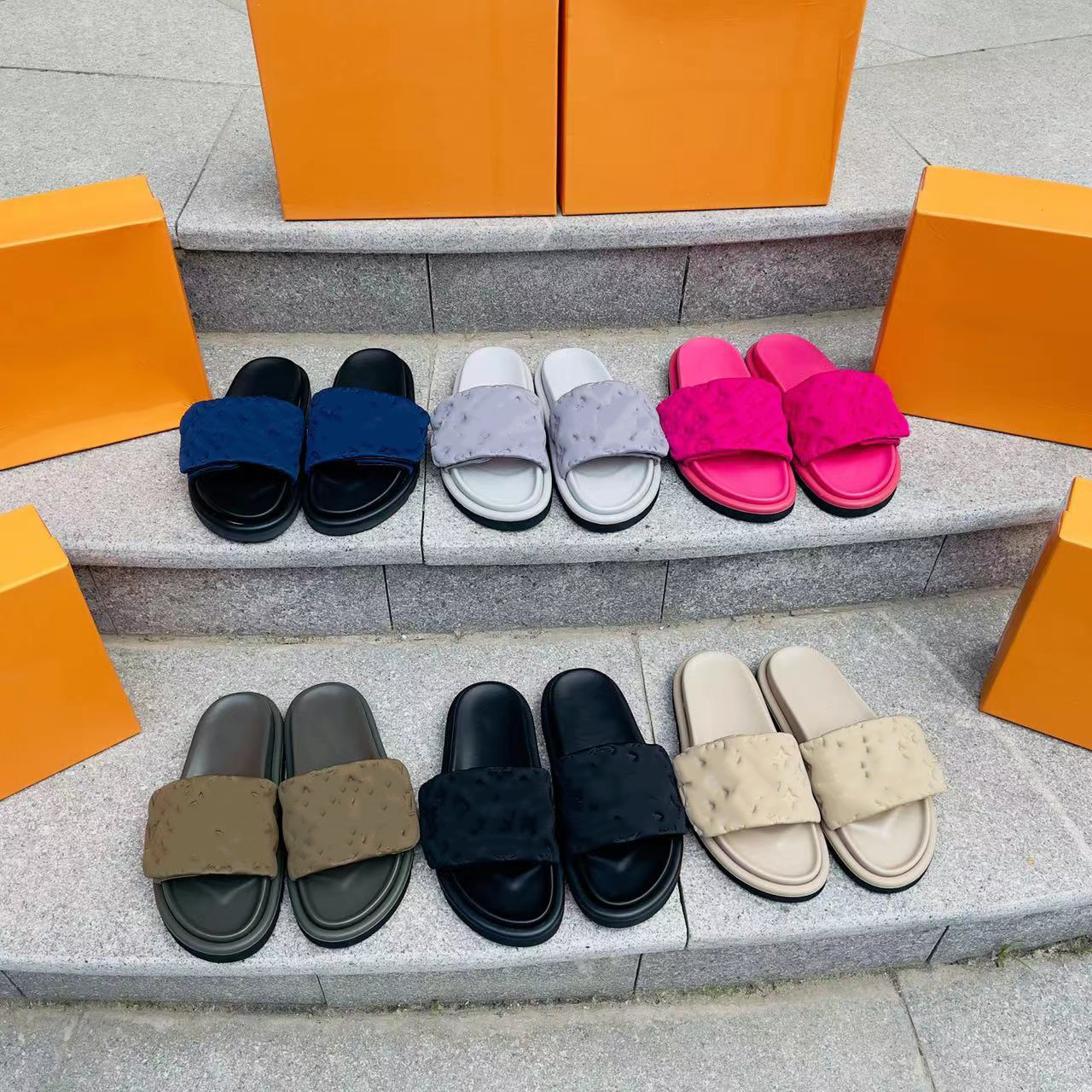 

Pool Pillow designer sandals famous designer slides women shoes flip flop flat mules Slipper Padded Front Strap Slippers summer fashion slides with box