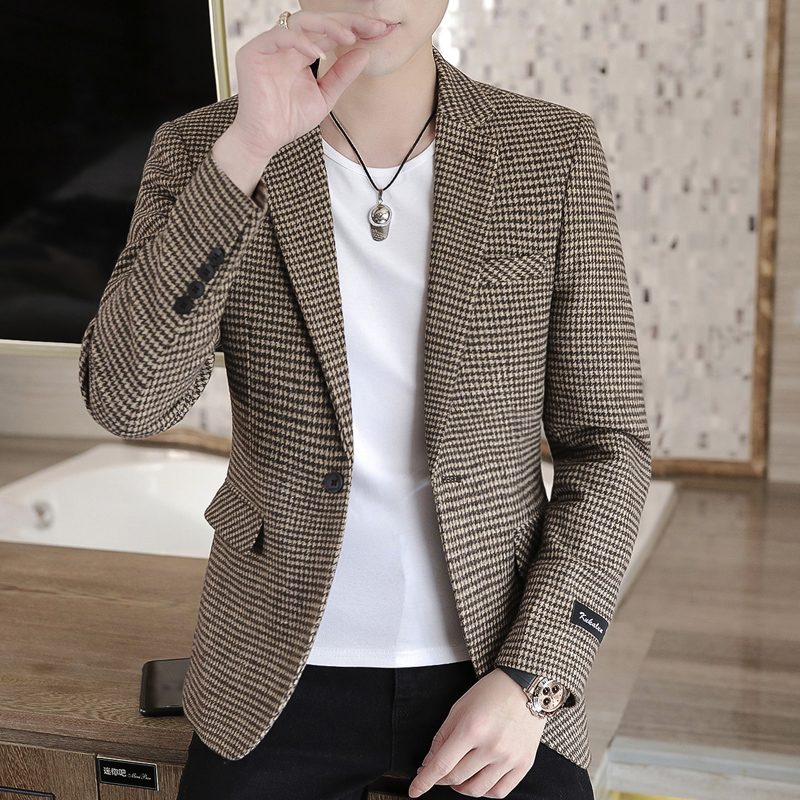 

Brand Men Blazer Personality Wild Mens Suit Jacket High Quality Fashion Plaid Print Slim Fit Warm Blazer Coat Male S-3XL, Light grey