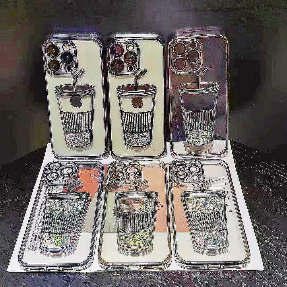 

Liquid Quicksand Bling Glitter Sequins Milk Tea Cup Phone Case For iPhone 14 13 12 11 Pro Max Transparent Silicone Protect Cover